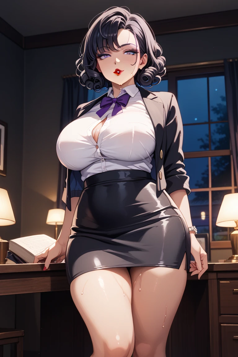 (best quality:1.5, highres, UHD, 4K, detailed lighting, shaders), (high quality eyes), ( perfect fingers), curly floral haired, gradient hair, large breasts, suit, gray shirt, social shirt, short skirt, mature woman , (pov), white background, colorful eyeshadow, dramatic lighting, sparkling eyes, sensual expression, golden earrings, delicate facial features, soft skin, high cheekbones, urban setting, white background, dont look for the camera, lean forward, behind the camera, full body