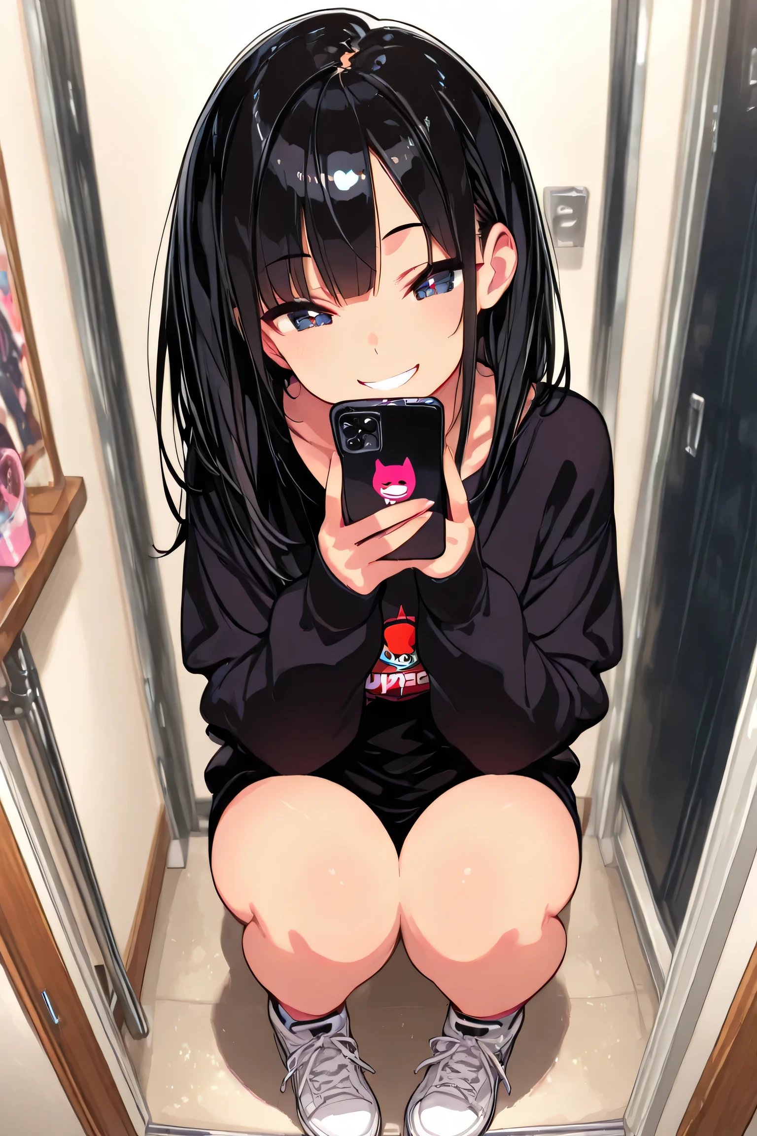  phone,girls,solo,cute,Full HD,very detailed,high resolution,top quality,Supreme Masterpiece,black hair,smiling,5 fingers,in the room,複雑でbeautiful瞳,Dynamic,beautiful