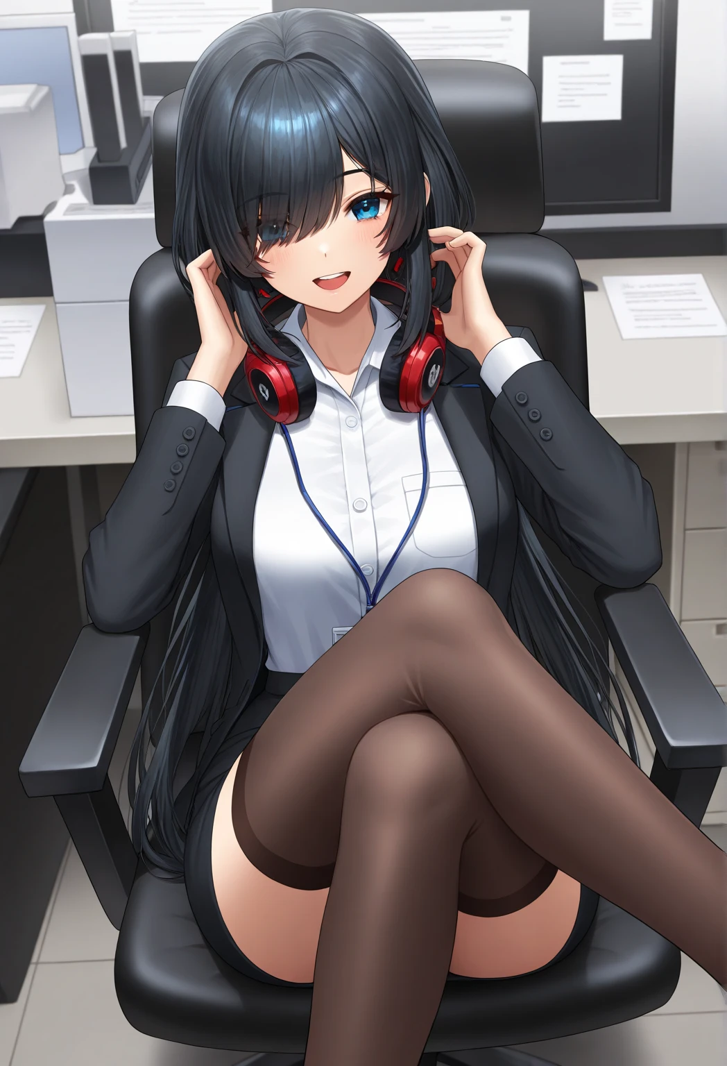 Loli girl, dressed in only one long T-shirt and white stockings in the form of flowers, sitting on an office chair sexy