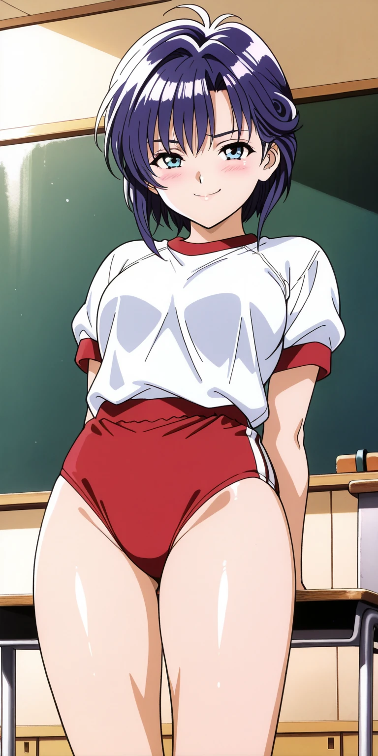 1girl in,(standing),classroom,from behind,From below,Looking at Viewer,Tomomi_Xijing, bow ribbon, Short hair, ,red uniform,Winter clothes,Long sleeves,(crossed arms),((bottomless)),((panties)),Perfect Lighting,Best Quality,,Smile,blush,anime screen cap,Flat color,cel shading,short torso,Show off panties,pantyshot,