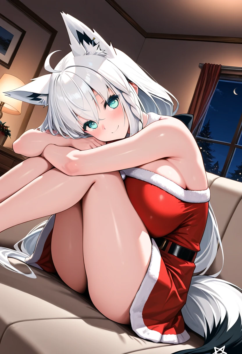 Anime, 1girl, white hair, blue eyes, glowing eyes, black fishnet leggings, white bikini, white underwear, slight smile, light blush, cozy house, fireplace, chocolate, backside view, back view, candy cane, bedroom, white underwear, white bra, Christmas tree, presents, lying down on bed, winter themed. Beautiful detailed eyes, beautiful detailed lips, slim build, wavy hair with knee length curls, cup size is double D, hot cocoa, black mini skirt, fox ears