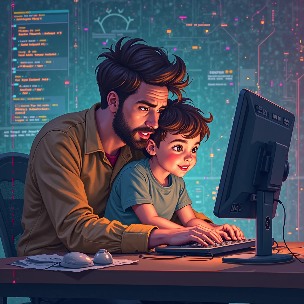 Software Engineer Father Father’s Day Dads with their kids: One debugging with a on lap - SeaArt AI