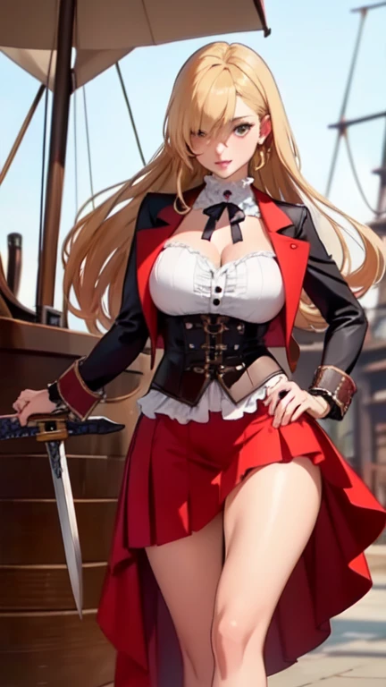 beautiful detailed 25 years old female japanese, wearing Pirate Attire: A rugged, pirate-inspired outfit with a tricorn hat, boots, and a corset, beautiful face, shiny white skin, blonde hair, curvy body, ultra large saggy breasts, massive cleavage exposed, ship background