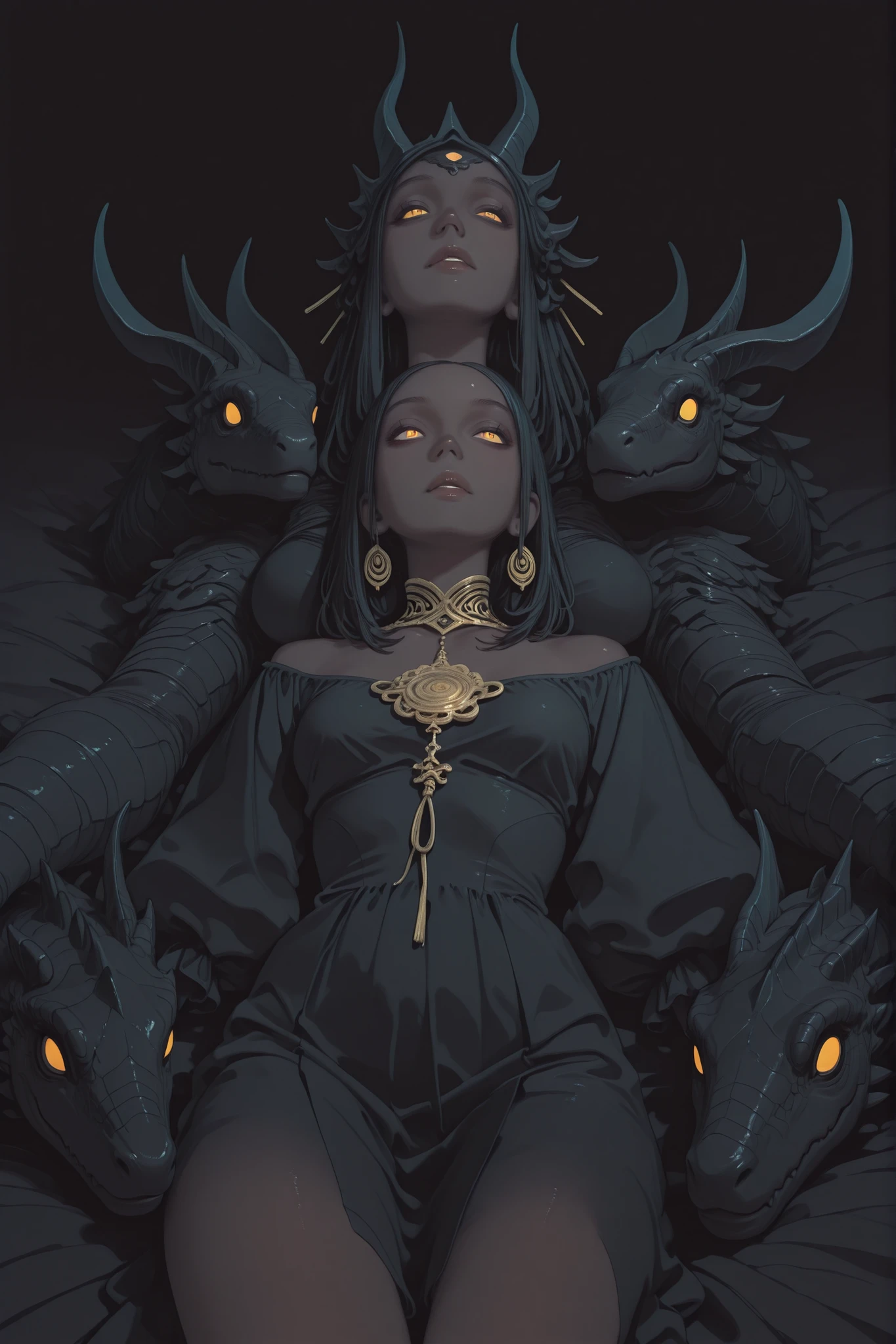 no lineart,no outline,,haiz_ai,karasuchan1204,acrylic painting,realism,dark colors, goddess, shear baggy dress, laying on her back ,