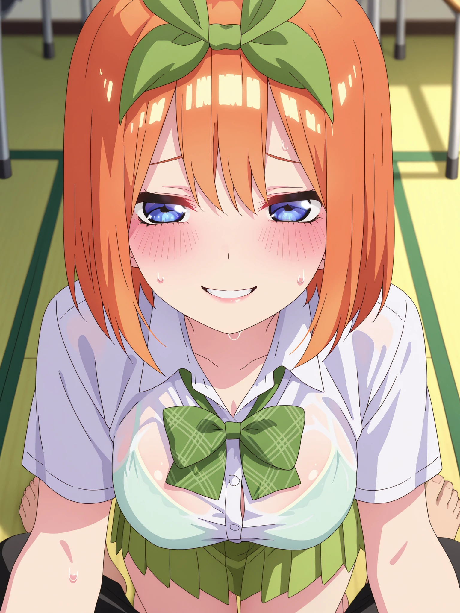 Close-up shots of  parts. Glamorous skin, Delicate, Wet skin feel, Busty elements, Sweat drops, Very delicate depiction of hair, , Dynamic poses. , (masterpiece, top quality), very beautiful, Absurd, highly detailed CG unity 8K wallpaper, Spanish illustration, (glamorous look), anime style 4k,, anime moe art style, anime art wallpaper 4K, high quality anime art style,CUTE ANIME GIRL, depth of field, perfect hands, nice, familiar with digital animation art, anime art wallpaper 8k,,, 5_ others, 4_ others, 1_ parents also viewed, Face in love, blush, half closed eyes,   



五等分の花嫁 (Gotoubun no Hanayome) / 中野四葉 (Yotsuba Nakano)
Prompt:
Yotsuba Nakano sprawls across a soft tatami mat in a traditional Japanese classroom, her petite, curvaceous body glowing under soft afternoon light streaming through shoji screens. Her short, orange hair, styled in a messy bob with a green ribbon, cascades around her flushed, cherubic face, her blue eyes sparkling with nervous excitement. She wears a school uniform with the blouse unbuttoned to reveal her massive, sagging , paired with a yellow-green skirt hiked up to expose her toned thighs, as in Prompt 1. Her pose is playful—she lies on her stomach, legs raised and bent to display her soft, glistening soles, toes curling in delight. Her expression is a bright, shy grin, blue eyes wide with a timid blush, lips parted in a soft gasp, consistent with Prompt 1. The perspective is a ground-level close-up, focusing on her  soles, their delicate arches and faint tan lines highlighted by soft light, with her curvaceous  and  subtly in frame, emphasizing her cheerful yet  charm.

