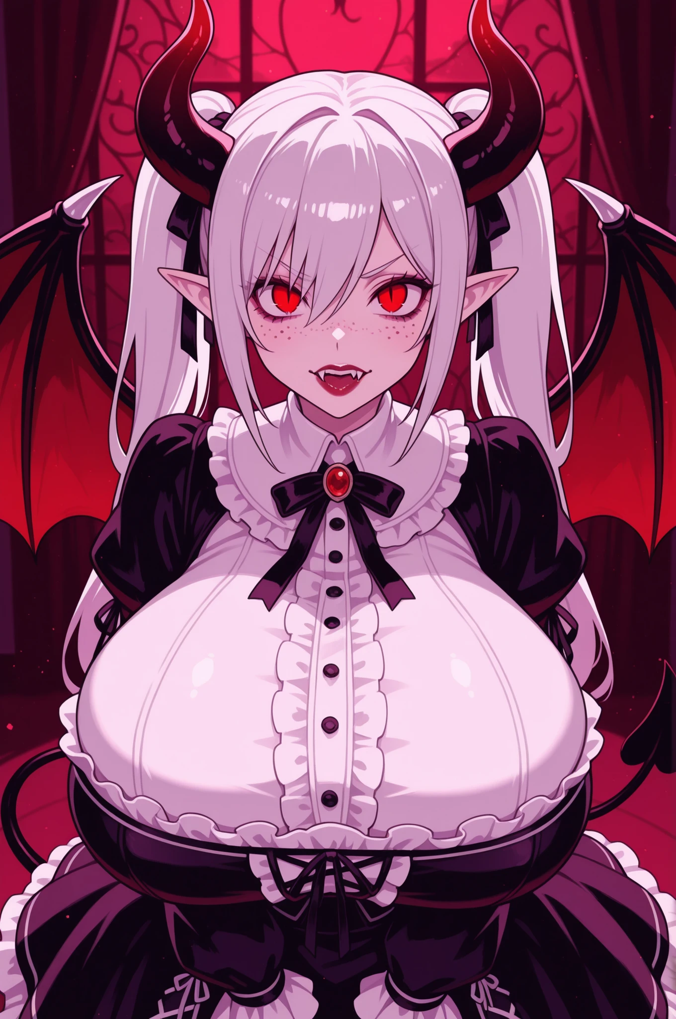 masterpiece, best quality, ultra-detailed, intricate details, high resolution, sharp focus, 8k, hdr, crisp lines, perfect lighting, sharp eyes, detailed eyes, highly detailed, white twintails, beautful red eyes, big lips, gigantic breasts, freckles, gothic, pointed ears, vampire, succubus, vampire fangs, horns, tail, wings, frilly gothic dress
, ruffles, ribbons,
