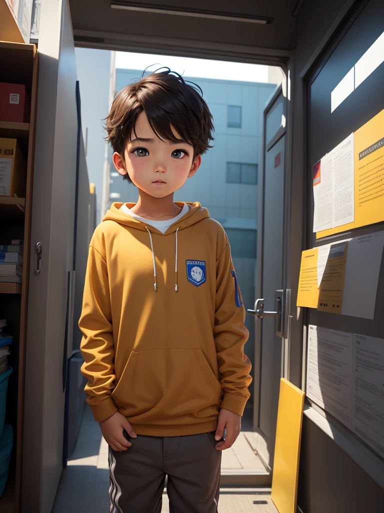 3d, character, boy, 10 years old, orange t-shirt, brown short pant, brown hair, wear orange glasses, hold macbook