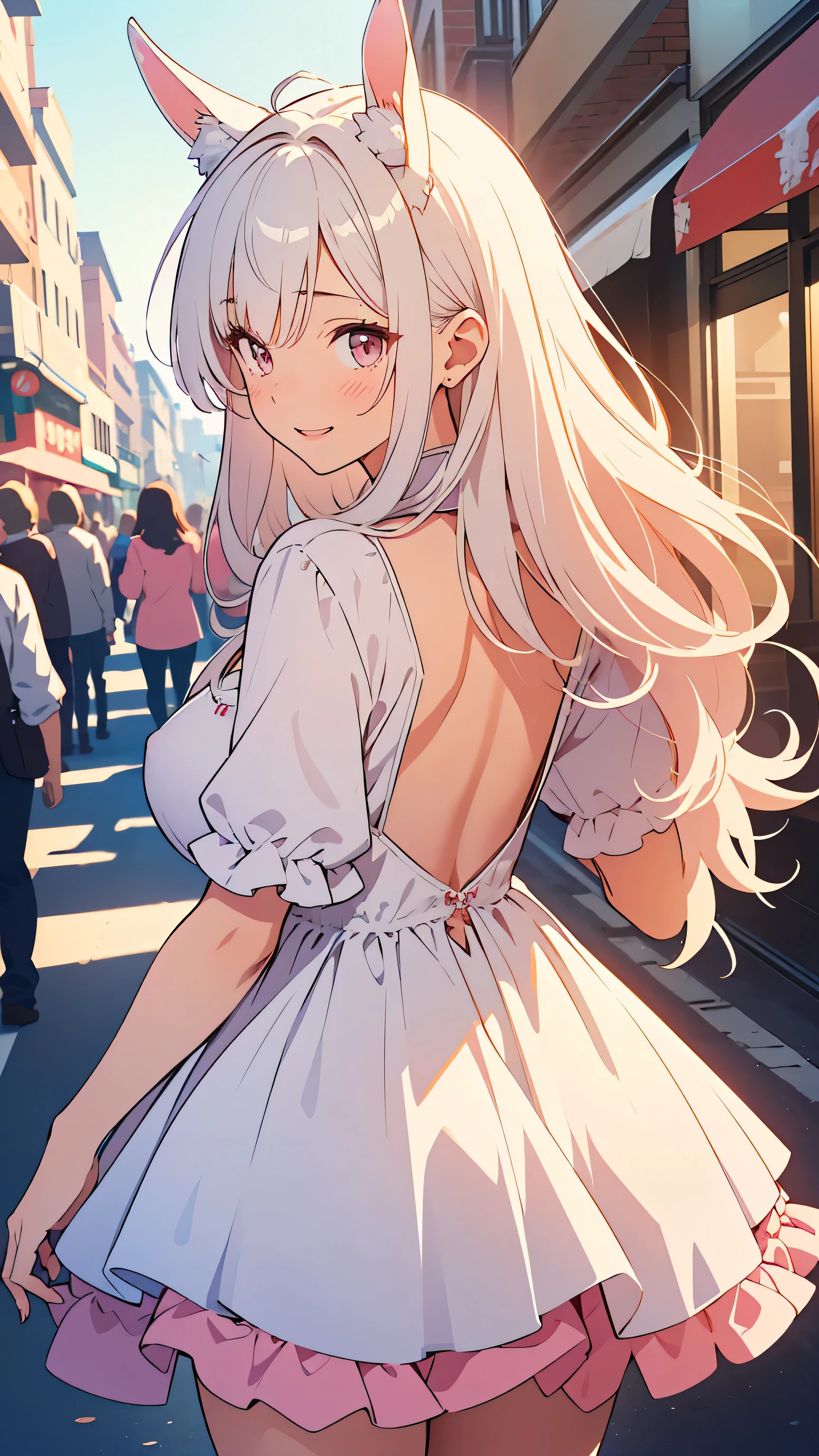 This is an illustration of a Woman with rabbit ears, The Woman is spoiled and clumsy, masterpiece, top quality,  blurry background,  (( fine line drawing :1.3)), 非常にdetailsな,  details, high resolution, 8K Wallpaper, perfect dynamic composition:0.5, biologically accurate skeleton and limbs, beautiful nails with attention to detail, [[Lily], (20-year-old Woman,  Woman), Height 155 cm, (Big Natural Tits:1.3),E cup, plump chest and thighs:1.3, Soft Breasts, soft and fluffy figure, (sweet and clumsy personality), Fluffy dress clothes,  ((fluffy wavy、medium length white hair and bangs)), (rabbit with long round ears, fluffy ears , white rabbit ears), (pink and white clothes, simple design, lace fabric), Round Peach Eyes ,  long curly hair, Soft white skin, Round Skeleton,   fluffy atmosphere ], natural colored lips, ((face focus by putting your finger in the nipple)), From the front, Full Body Shot, (Smile Yan, 明るいSmile Yan), Disconnect,  Stroll Around Town , Back view, place your hands on your lower back, (Turn around:1.3), ddyuika,Cowboy Shot, face focus. 