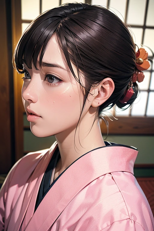 Masterpiece, realistic, Japan kimono woman with unaju, 18 years old, hydrangea patterned kimono, hydrangea shaped hair ornament