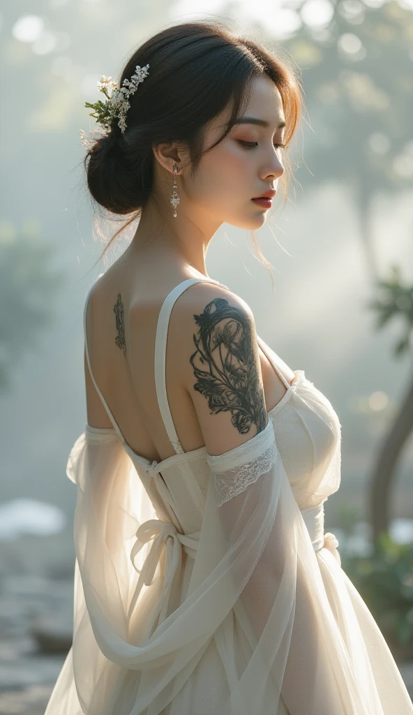 spidergirl,metaxneri ,native korean,back view,intricate details,realistic humid skin,extremely intricate,Epic Realistic, Romantic, cinematic style,irina yermolova, messy hair,luminous eyes,extremely detailed, (night landscape),masterpiece,intricate details,faded,eyes extremely detailed, high detailed eyes,16k resolution,RAW, Canon EOS R3,in action,extremely dangerous landscape,Monteverde Cloud Forest of Costa Rica, Pisces, transition between two art styles, Double contact, X-ray,Mestichino,Light particles