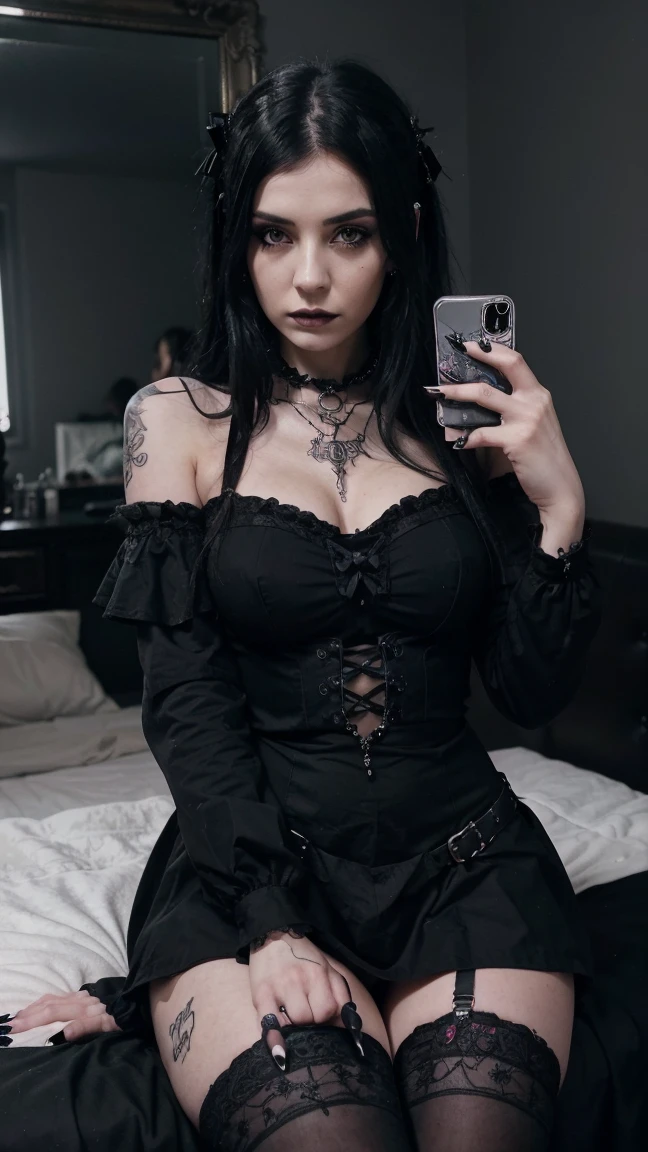 araffe dressed in gothic clothing taking a selfie in a bathroom, sexy gothic outfit, massive cleavage wearing a gothic dress, gothic horror vibes, witchcore clothes, wearing modern gothic clothes, ornate goth dress, goth style, gothic!!, dark gothic dress, gothic style, gothic aesthetic, gothic dress, gothic clothes, gothic wearing, ornate dark red opulent clothing