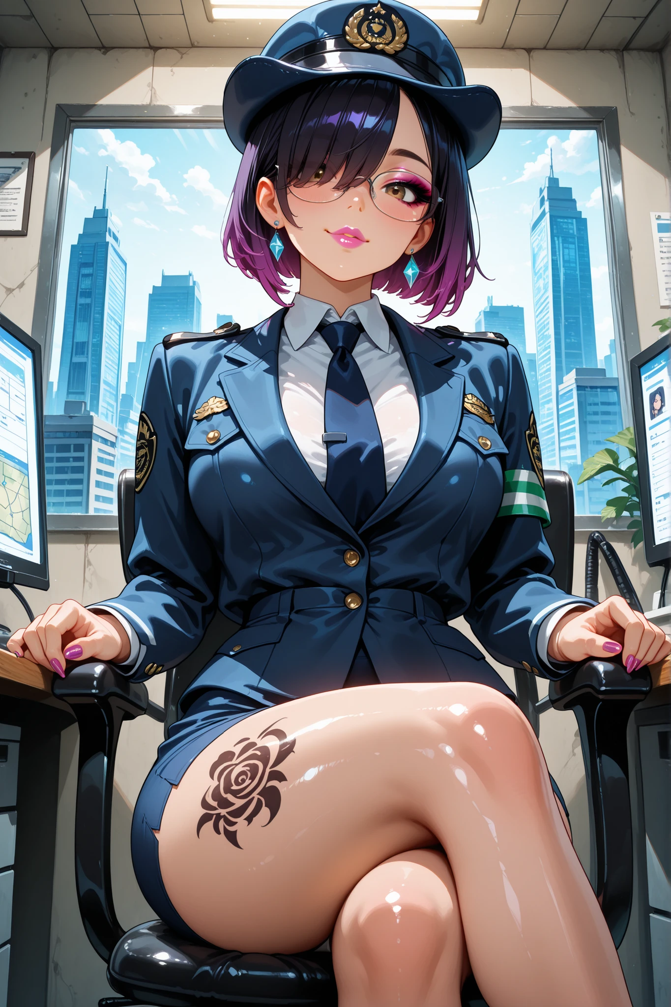 1girl, transgender, femboy, fake large breasts, tiny waist, wide hips, short hair, hair over one eye, bob cut, black hair, purple hair, multicolored hair, two-tone hair, gradient hair, brown eyes, glossy pink lipstick, puffy lips, eyeshadow, mascara, long eyelashes, glasses, long sharp polished nails, body tattoos, earrings, police uniform, necktie, police hat, collared shirt, pantyhose, jacket, skirt, white panties, masterpiece, amazing quality, best quality, ultra-detailed, 8K, illustration, CG, shiny hair, clear skin, ultra-detailed-eyes, (cute expression:1.1), (sitting on chair:1.1), (crossed legs:1.1), inside a police station with wooden desks, case files, and a glowing city map on the wall, (anime style:1.1), (semi-realistic shading:1.1), (cinematic lighting:1.2), looking at viewer, from eye level