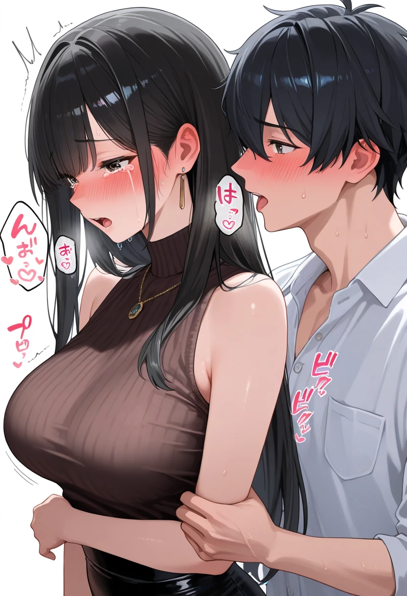 (masterpiece:1.2),(anime)、1 cute girl、((Full nudity))、Black Hair、Blunt bangs、Straight Hair、smile、Large Breasts、((Open your mouth wide and stick out your tongue、Drooling))、(Kneeling)、From the side、To look up at the man、Blowjob、penis、男性のpenisを舐める、Semen on the face、Hearts float、Embarrassing、Ecstasy face、Sweat、Cumshot、Semen splatters