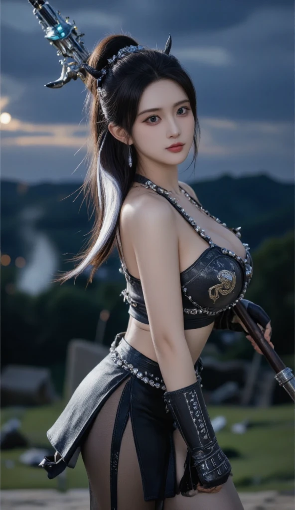 (Best quality, 8k, 32k, Masterpiece, UHD:1.2),fantasy,cute girl,japanese,Warrior Cosplay,white Exposed bikini Armor,smile,thigh,bare navel,full body shot,fishnet stocking,spread legs,