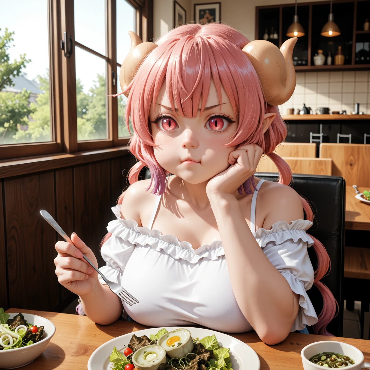 cinematic still The image is an illustration of a young woman with long red hair and horns on her head. She is sitting on a wooden floor in front of a window with white curtains. The woman is wearing a black and white outfit with a red collar and a black belt around her waist. She has a red lollipop in her mouth and is holding an ice cream cone in her hand. Her eyes are wide open and her mouth is slightly open, as if she is about to take a bite out of the ice cream. A hand is visible on the left side of the image, holding the cone. The background is a plain white wall . emotional, harmonious, vignette, 4k epic detailed, shot on kodak, 35mm photo, sharp focus, high budget, cinemascope, moody, epic, gorgeous, film grain, grainy, score_9, score_8_up, score_7_up, 1girl, horns, long_hair, thighhighs, purple_eyes, red_hair, rating:questionable, 1boy, gag, solo_focus, bound, , blush, bangs, dress, very_long_hair, indoors, pov, sitting, tears, looking_at_viewer, bare_shoulders, black_dress, food, bag, hair_intakes, , arms_behind_back, boots, small_breasts, bondage