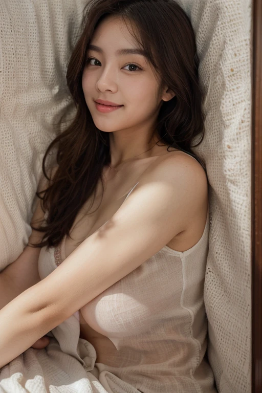 ((((top-quality))))、(((Ultra Precision CG16K Wallpapers)))、(((masterpiece)))、(((ultra-detailliert)))、(((Ultra-extreme details)))、1Man Woman、infp young woman、((An 18-year-old woman:1.3))、((Korean Face))、((extremely beautiful face))、((a beauty girl:1.5))、((soft wave long bob hair:1.3))、(shinny hair)、Bangs up to the eyebrows、Beautiful brown hair、Beautiful delicate eyes、Brown eyes、raised eyebrows、lofty nose、small nostrils、Small mouth、seductive lips、slightly open mouth、Beautiful breasts、C-cup size breasts、cleavage of the breast、Plump body、perfectly proportions、perfect anatomia、perfect-composition、beautiful detailed shading、Beautiful natural lighting、Beautiful detail glow、depth of fields、(((a high chroma)))、(((realisitic:1.9)))、((Vivid:1.4))、((Beautiful skin))、((Skin texture))、((Realistic skin feeling))、(((up close shot:1.5)))、((Frontal angle:1.5))、((a smile:1.4))、(Eyes looking at me)、Bright sunshine、((on the beds:1.5))、(((Sit on all fours:1.8)))、((Turn your upper body face down:1.8))、(Pose on all fours)、(((Cream colored terry pajamas:1.5)))、((2 arms:1.5))、