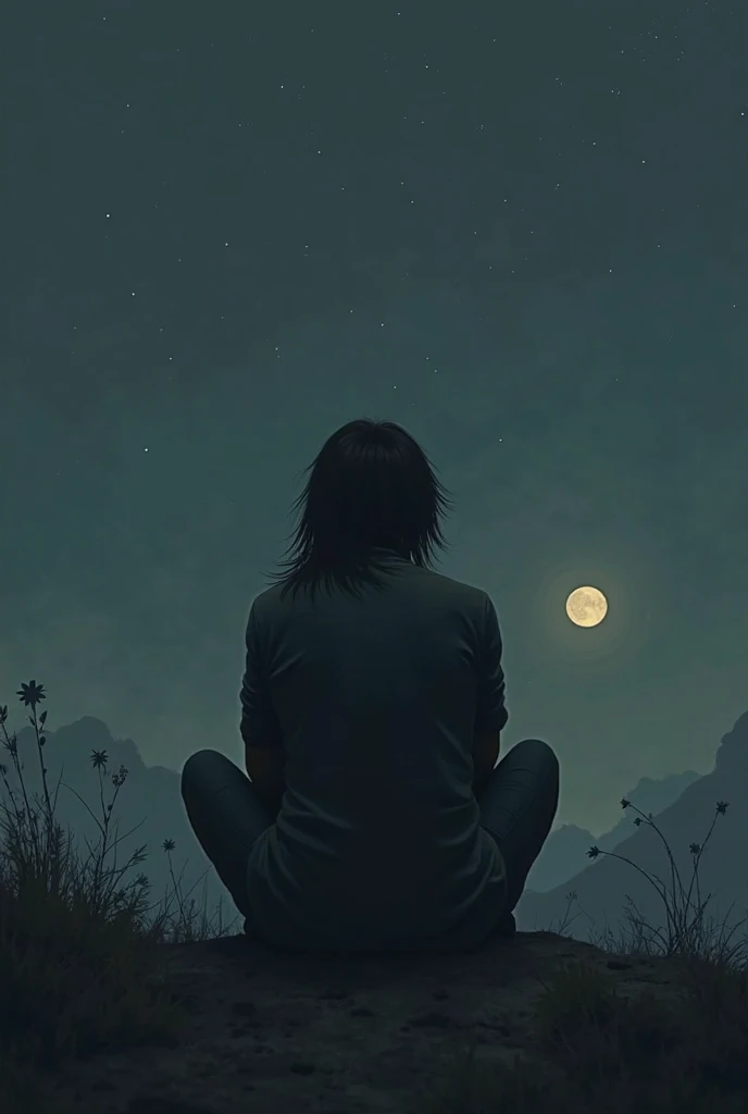 Silhouette of a man smoking,sitting on the top of the mountain,grass,exhale cigarette smoke,alone,lonely,sadness,suffer,the night,moonlight,medium length hair type,ponytail hairstyle.