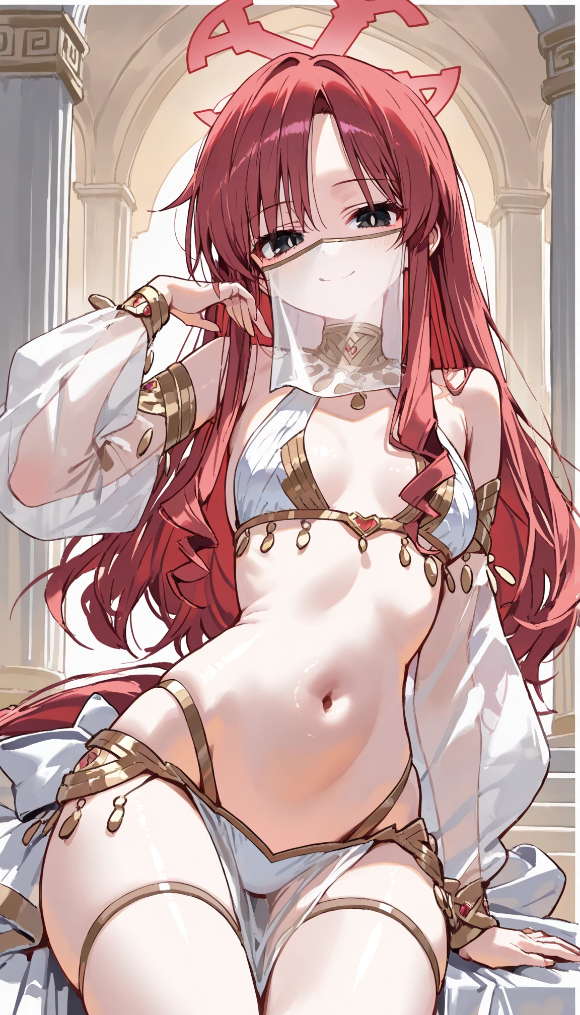 sexy seia, harem outfit, mouth veil, detached sleeves, white bikini, see-through clothes, see-through sleeves, navel, jewelry,(beautiful girl : 1.3),1 girl, red haired,long hair,Smile Yan,arabic palaces,masterpiece,top quality,rich contrast,High Definition,8k,High definition CG unit wallpaper,Textures,unbelievably absurd,RAW pictures,Deep Border 1 .2,very detailed ,black eyes