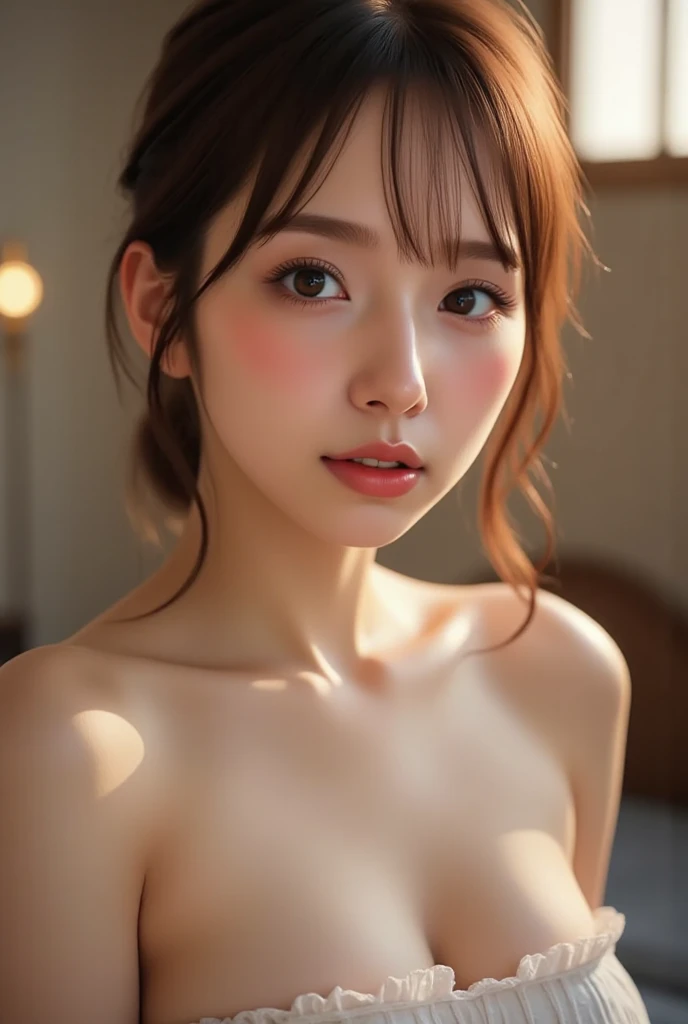table top, highest quality, shape, Super detailed, finely, High resolution, 8k wallpaper, perfect dynamic composition shape, finely beautiful eyes, ladies fashion summer,ponytail hair,small breasts natural color lip, bold sexy pose,smile,20 year old girl、cute、sexy shot looking at camera,Wake up,Realistic quality,blonde,Eyes to the left,A little sharp beauty,Don'don't wear clothes,topless nude