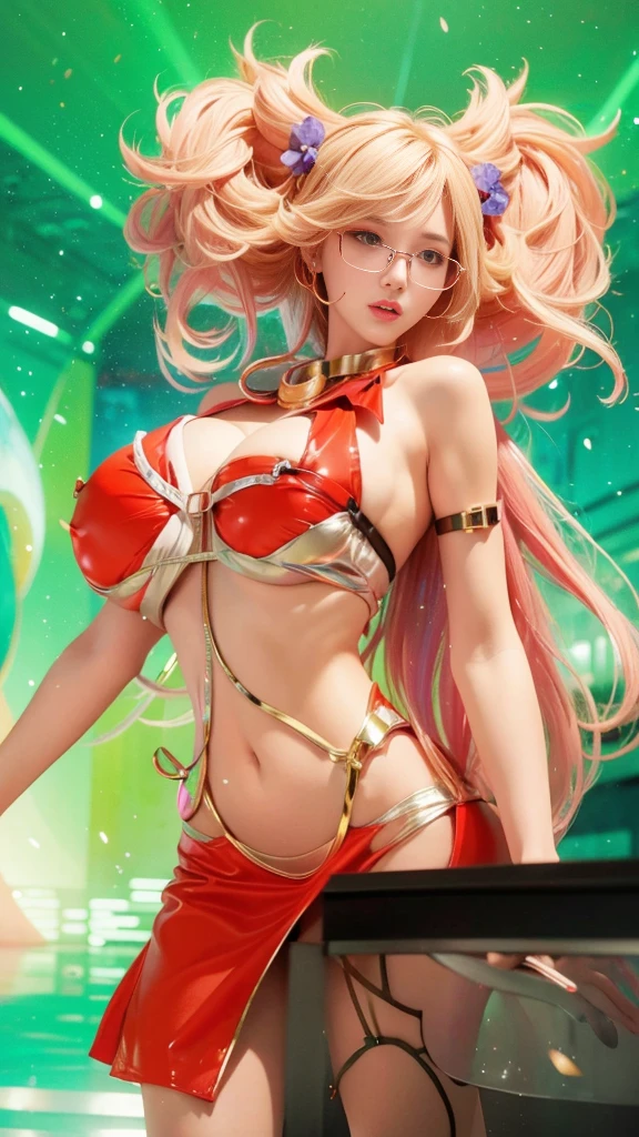 masterpiece, best quality, ultra HD, 8k, detailed anatomy, (shiny skin), light skin, high contrast, (huge breasts:1.2), normal waist, wide hips, (hyper detailed full round shaped face), small nose, full pouty lips, looking at viewer, adult, ((solo)) female focus, stable diffusion, (stunningly beautiful girl), long blonde hair (cotton candy multicolored streak) bright green eyes, pink dress, intricate details, fantastical, tetradic pink colors, vibrant candy background, Cinematic lighting