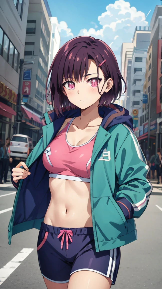 (masterpiece, best quality), intricate details, shizukazom100, 1girl, short hair, dark purple hair, bangs, hair ornament, hairclip, pink eyes, white pupils, medium breasts, collarbone, blue jacket, navel, midriff, dynamic pose,black lace trim lingerie
