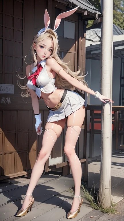 ((masterpiece, best_quality)), (photorealistic:1.4),  solo, 1 girl, white_background, white_hair, long_hair,   zettai_ryouiki,(black big ribbon accessories at the back of head), (sleeves rolled), toggle button pin buckle, mini pleated skirt with a slit in the front), outline nipple can be seen through the clothes, areola bulge, heels boots, belly, crotch gap, cameltoe ,shiny skin, sweaty skin, nose blush, belt underboob, under boobs, long legs, ((small thigh)), plump , peach 🍑, bustier, perfect belly, huge breast, mid-length hair