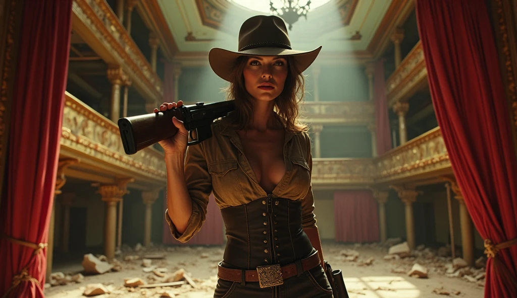 Jennifer Lawrence, a female Indiana Jones with slightly shiny tanned skin with large breasts, dressed in a loose open dripping Indiana Jones outfit, with a far open shirt, with a very ripped and torn blouse with a plunging neckline, pushed down over her right shoulder; stands in a dark room lit with flickering torches on the inside of a large Aztec pyramid. Her skin and clothes are dirty with mud. A large dark menacing shadow moves in the background.