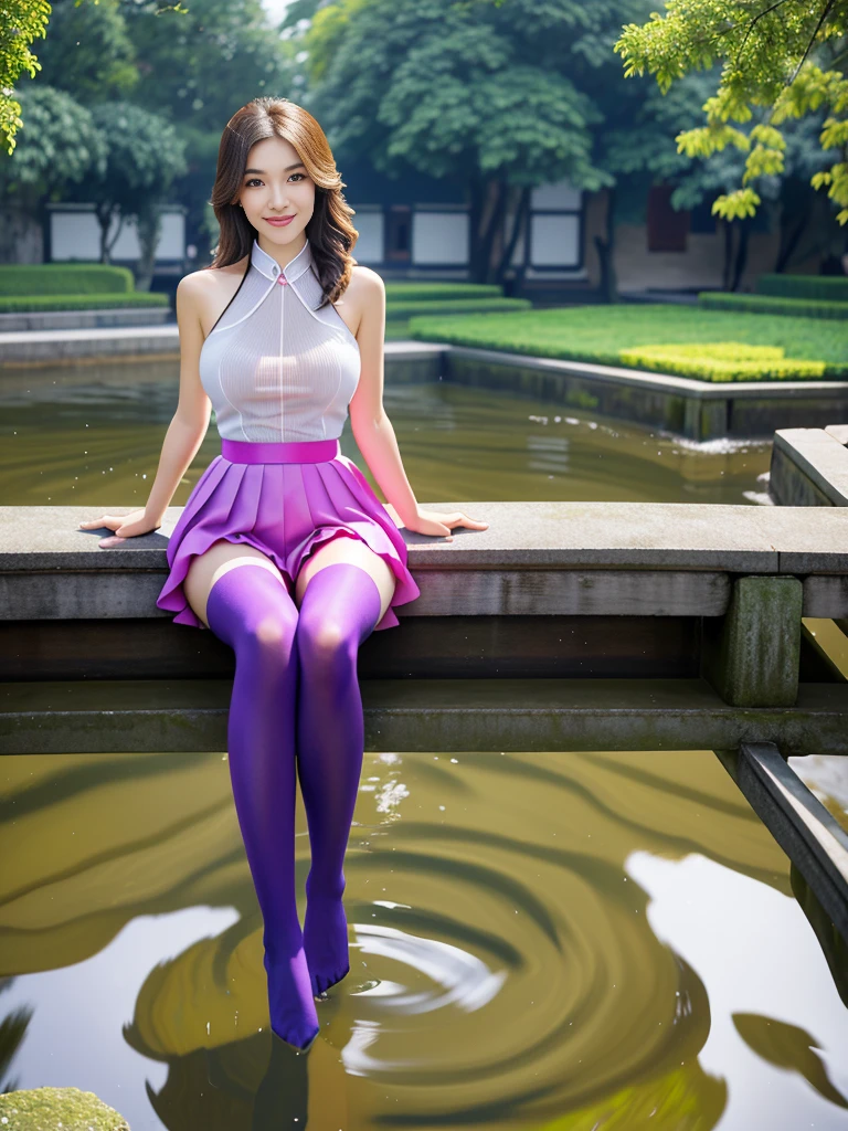 Classic Suzhou Garden, Located in Jiangnan Ancient Town, small bridge flowing water, It was raining lightly，电影灯光, Sony FE , tmasterpiece, super detailing，（8K，最好的quality，tmasterpiece：1.2），（realistically，realistically：1.37），quality，tmasterpiece，a beautiful  woman，humongous large breast, natural(:1.3)， (Skin glows:1.1)， ssmile, (:1.2)，（sultry expression），（Anna Nicole Smith），Pink-purple tights，Pink-purple stockings，(seated on wooden chair, show off your，)