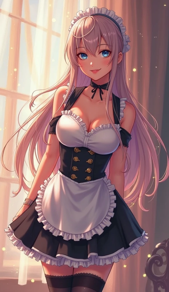 1girl, cowboy shot, beautiful noelle_silva, long hair , twintails, bangs, earring, jewelry, silver hair, purple eyes, maid_dress, maid dress, stocking, naid hairband, white hairband, cleavage, water, medium breast ,smile, room, indoors, cafe, food, table, chair, drink, front light, volumetric lighting, best quality, masterpiece, intricate details, tonemapping, sharp focus, hyper detailed, blush, sexy pose,