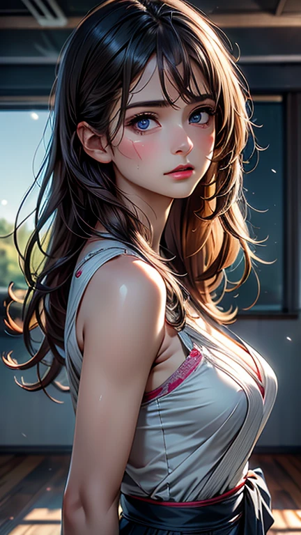 masutepiece, Best Quality, 超A high resolution, (Photorealistic:1.4), Detailed beautiful face, detailed  clothes, Stunning European women, Wearing a tank top, Super Cute, nice perfect face with soft skin perfect face, Gorgeous long ponytail brown hair, 8K resolution,Ultra-realistic,Ultra-detailed,hightquality,  wide vision