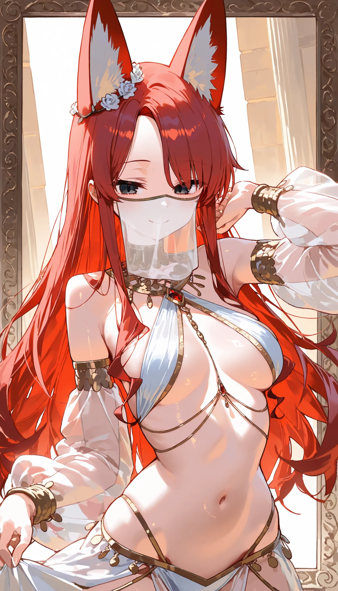 a woman in a white dress and a mask on her face, anime goddess, seductive anime girl, white loincloth, beautiful alluring anime woman, ahegao, scales covering her chest, top rated on pixiv, beautiful goddess, female anime character, kushina uzumaki fanart, ahegao face, anya from sexy dancer, r /art, r / art, masterpiece best quality photograph 8k, long hair, red hair, best quality, high resolution, ultra detailed