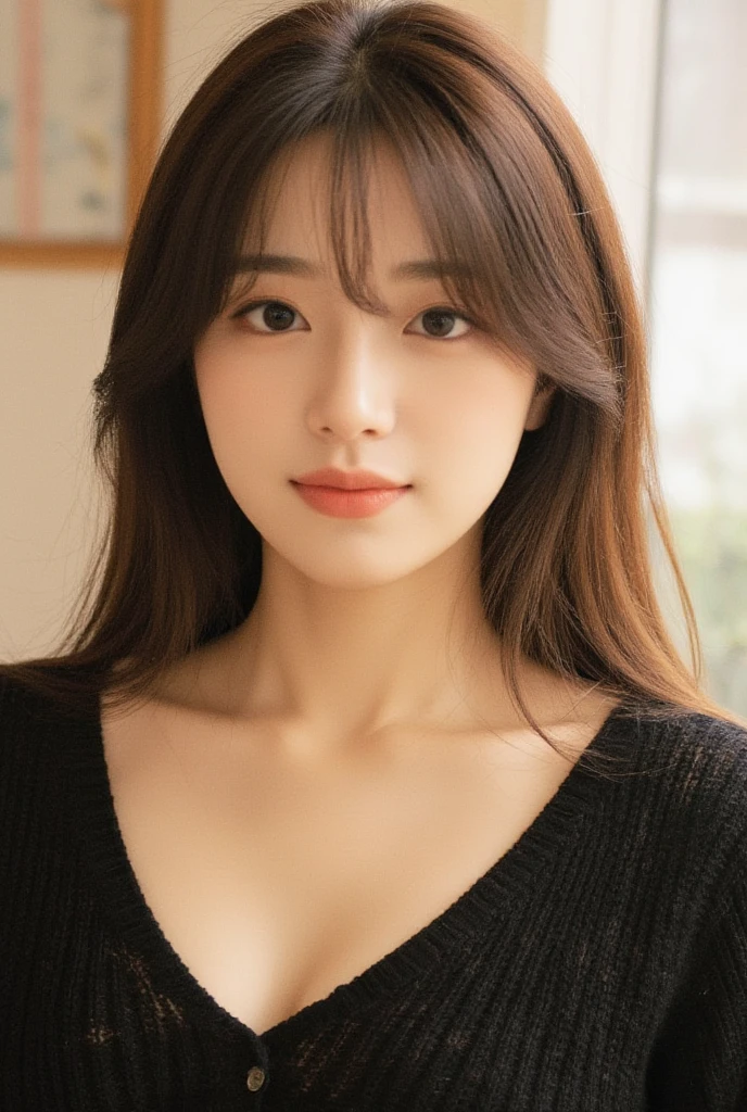 (realistic, table top, highest quality, Raw photo, Self snap:1.3)、1 girl, alone, 30 years old、long hair, brown hair, detailed face, fascinating face, detailed beautiful eyes,(The thin sweater that kills virginity,No sleeve,cleavage cutout :1.2), (covered nipples:0.9),medium breasts,side boob, dynamic pose, (looking at the viewer, Front view,focus of the eye:1.2), detailed background, Detailed, intricate details,  ray tracing, Depth of the bounds written, enchanting smile