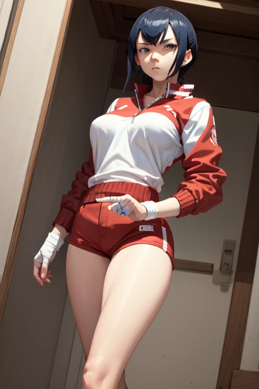 (masterpiece、best quality、Highest resolution、Clear_image、detailed details): (full body picture、15 year old girl、Japanese face、small face、thin、Navy blue super short bob、blue eyes、Blue and Black Shiny Aviator Suit、Armor that protects the chest、tight clothes、Clothes that cover the whole body、leggings、Very delicate and beautiful、hide thighs、hide your ass、Cute type、gentle smile、soft expression、earphone、knee high boots、Gloves come to elbow length、Shooting at eye level、face directly、woman on spaceship), (((camel toe))), ((Plain white tights))