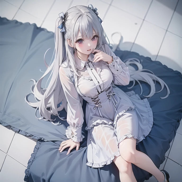 Character Details:, - Gender: 1 Girl.
- Style: Anime, - Body Type: Attractive body, nice body, nice legs, slim tights, nice arms, nice shoulders. - Breast: (Breast:1.2)- Facial Feature: Beautiful, Gorgeous, Teenager, Fresh, Young.
- Expression: Small smile, shy Look, (blue pink eyes). - Hairstyle: Blunt Bangs. - Hair Color: (White Grey Hair:1.5), (Straight and Wavy Long Hair:1.3),
- Clothing: (Sexy baby doll Dress, Open Sleeves, Can see shoulder:1.6, Laced Stocking.). - Body Pose: (Sitting on bed:1.3), (Hands down).. - Behaviour: Waiting, Want Something, Secretly.
- Accessories: Earrings, thin Black Headband, Green Hair Accessories, Environmental Details:, - Setting: Bed Room., - Lighting: Natural Light., - Decoration: Modern Bed, Chair, Window, White Curtain, City View. Top view. pov, anime style, UHD, retina, masterpiece, accurate, anatomically correct, textured skin. One Hand on cheek, one hand down.