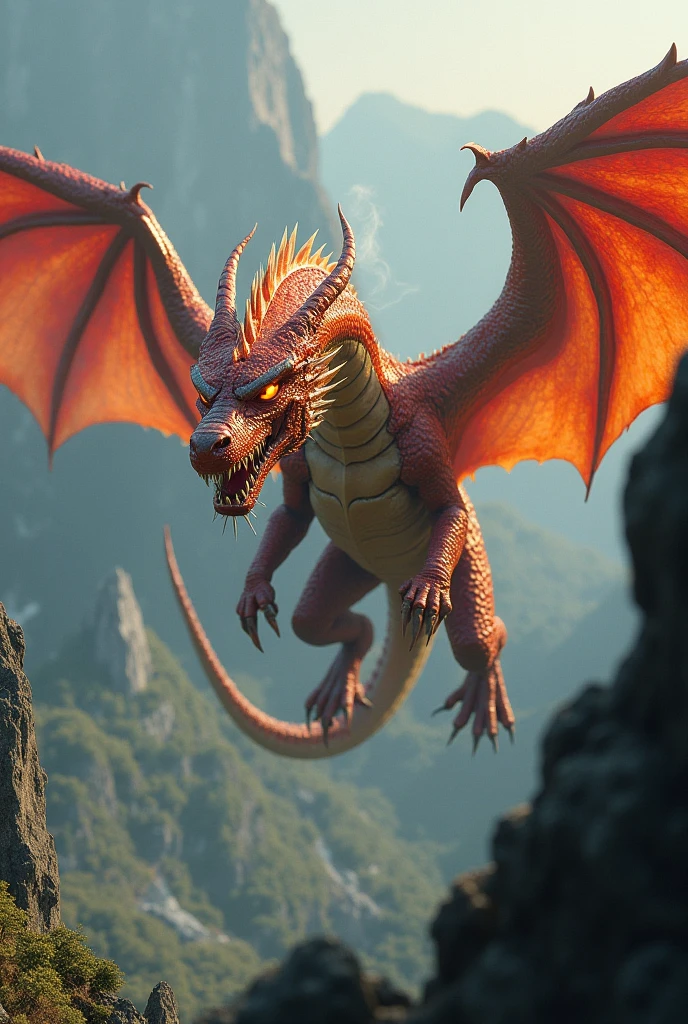 Realistic photos, RAW Photos, red dragon, attacks viewer, Powerful movements, jump on prey, ((Dynamic jump)), Sharp Claws, red dragon approaching from above, sudden approach, Bad-tempered, dynamic Shot from grand