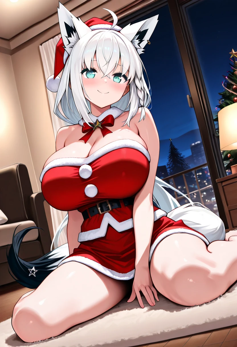 Erotic Anime Illustration、High resolution、A plump dark-skinned gal Santa seduces a man in the living room late at night、gray hair、beautiful eyes、reimu hakurei、ecstatic expression、Overwhelming huge breasts that go beyond common sense、thick legs with fat、perfect proportions、cowboy shot、Christmas、half naked、santa claus costume、knee socks、spread your legs、expose the vagina
