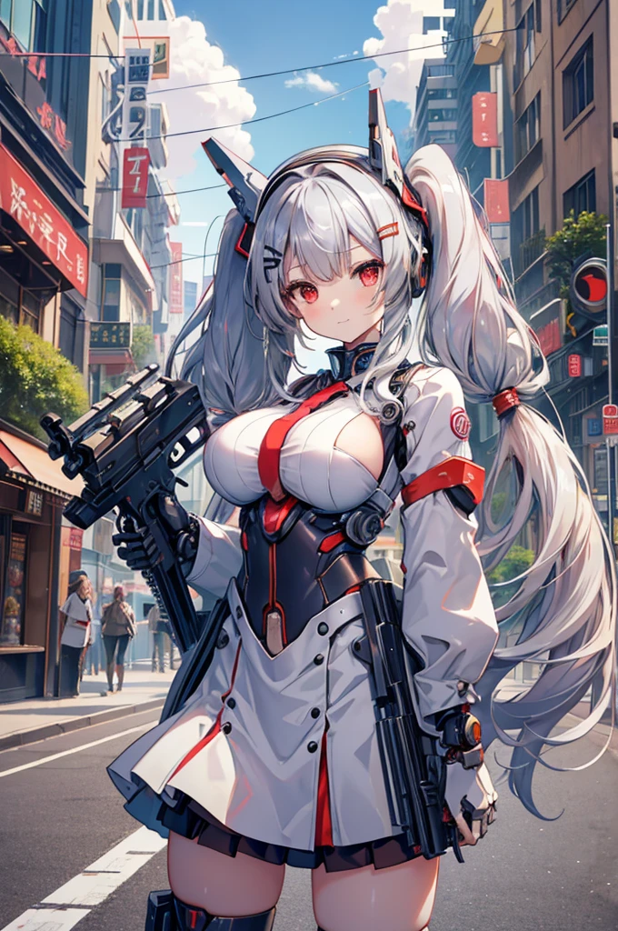 masterpiece, top quality, best quality, official art, beautiful and aesthetic,
1girl,gatling gun, shell casing, looking at viewer, bangs, ammunition belt, gloves, ribbon,breasts,firing,
extreme detailed,highest detailed, optical mixing, playful patterns, lively texture, unique visual effect,