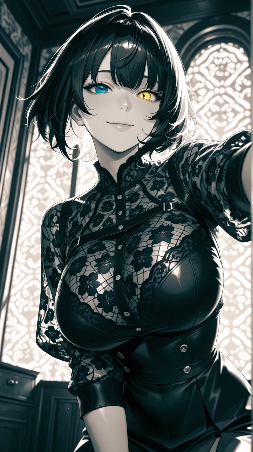 Solo, top quality, masterpiece, highly detailed CG, highly detailed 8K wallpaper, bird&#39;s eye view, highly detailed character, upright and immovable, front facing (very delicate and beautiful portrait), tuxedo jacket opens front, black Slacks, zipper open, underwear shift, see-through bra, portrait, solo, clear focus, (((side shaved hair))), dark-skinned tomboy, female butler, navel piercing, tattoo under the eyes, short hair, yellow eyes, detailed close-up portrait,