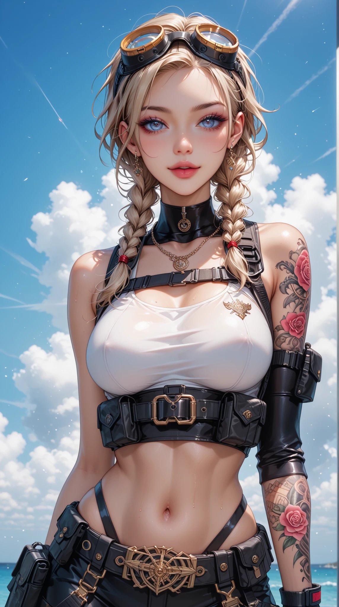 gwen tennyson,y'shtola rhul,yorha 2b, tracer,nier automata,overwatch,close up,mecha pilot,city view,tattoos,white and silver plugsuit,white short sleeve lycra top,white lycra micro shorts,steel garter belt,uncovered belly,braided hair, cute makeup,green eyes,dimensional blonde hair,shy smile,freckles,beautiful girl,large breasts,8k hd,ultra detailed, realistic,fantasy art,cyborg armor,steel armor,harbor shore,pilot uniform,ear piercings,hair pin,saiyan girl,super saiyan female,short sleeve pilot jacket,thigh high boots,beautiful water,