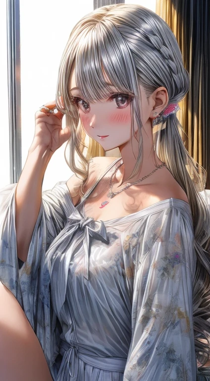 LumiN0va, 1girl, solo, (simple background, pink background) BREAK (gray hair, silver hair, blue eyes), jewelry, long hair, earrings, bell, looking at viewer, upper body, choker, jingle bell, necklace, lips, bangs, bare shoulders, stars BREAK (loose shirt, oversized shirt, clevage:1.3)