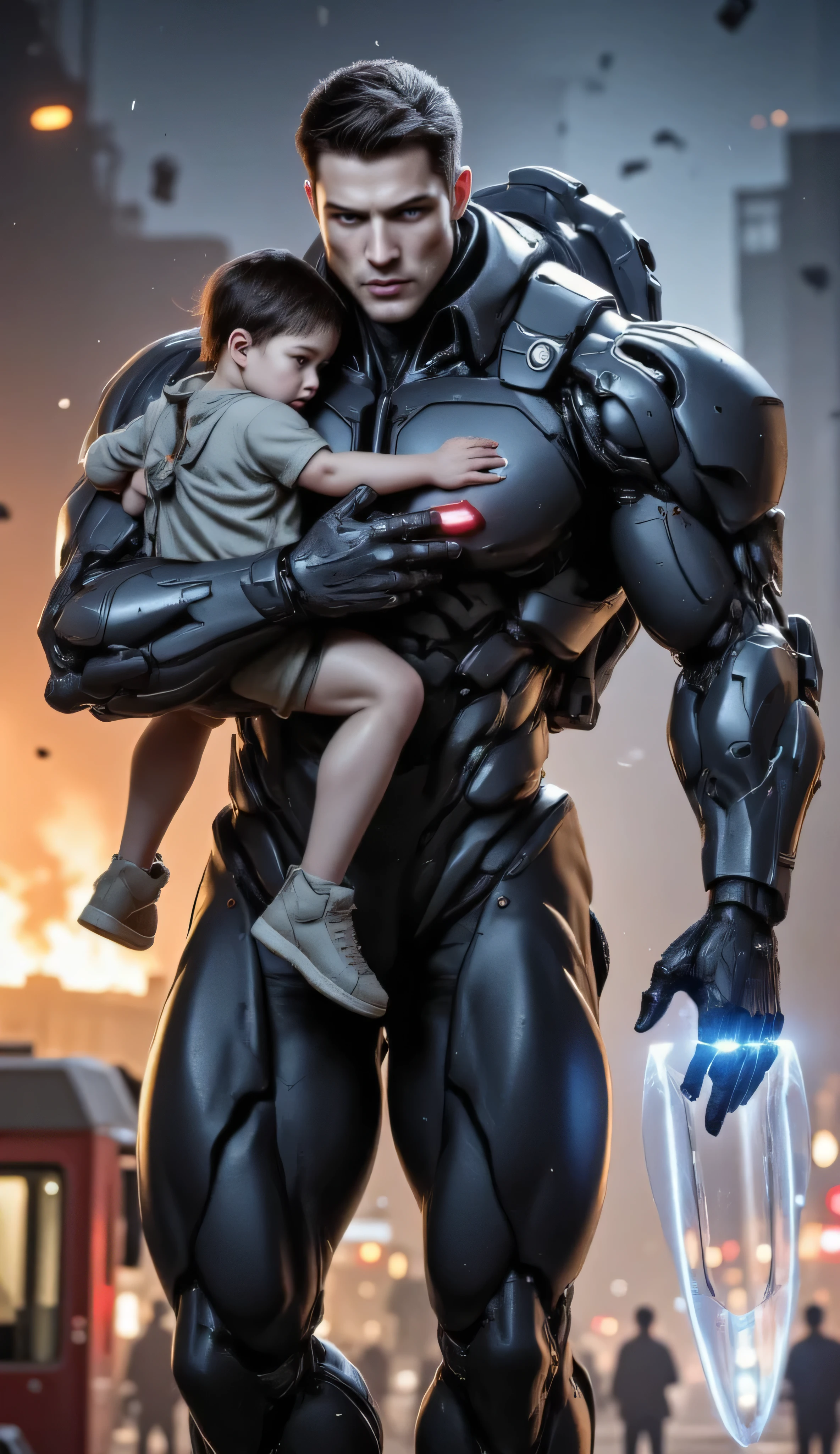 Cyborg,Exosuit,Mecharmor,Robot,Mech,Power Armor,Heavy Mech,futuristic,tactical,fluxbodybuilder,bright flash,overexposed,raw photography,A hyper-realistic futuristic humanoid male robot, over 2 meters tall, with a powerful, athletic build. He has a strikingly handsome, fair-skinned human face with strong, symmetrical features, intense blue eyes glowing faintly. His chiseled chest and abdominal muscles are uncovered and made of realistic, flawless human skin, showing ultra-defined muscular detail and light sweat, contrasting with his high-tech robotic limbs and torso plating. His exoskeleton is sleek, matte black, armored and mechanical from the waist down and along his arms.
He is cradling a terrified young child in one arm — the child clings tightly to his bare chest, face smudged with soot — while his other arm projects a translucent, glowing blue holographic energy shield, actively blocking falling debris and glowing embers. Sparks and ash swirl around him as he walks forward through intense flames.
Behind him, a burning skyscraper collapses in slow motion, casting shadows across the dense smoke-filled air. Emergency lights from firetrucks flicker in the distance, reflecting off his hybrid human-metal body. His expression is calm and protective, exuding strength and compassion.
The scene is cinematic, filled with tension and warmth: orange firelight illuminates the smoke, while the robot’s metallic surfaces gleam coldly under dynamic lighting. Embers float like fireflies.
Style: ultra-realistic, sci-fi, 4K resolution, emotional cinematic composition, high contrast lighting, volumetric fire and smoke, detailed anatomy and mechanical texture blending, photorealistic hybrid character design.