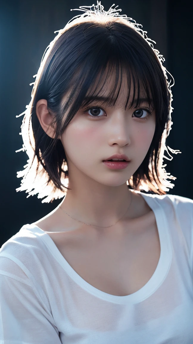 ((Highest quality, 8k, masterpiece: 1.3)), sharp: 1.2, Perfect Body Beauty: 1.4, Slim Abs: 1.2, ((Layered Hairstyles,: 1.2)), (Wet White Button Long Shirt: 1.1), (rain, street: 1.2), Wet: 1.5, Highly detailed face and skin texture, Detailed eyes, double eyelid, Profile looking at the camera