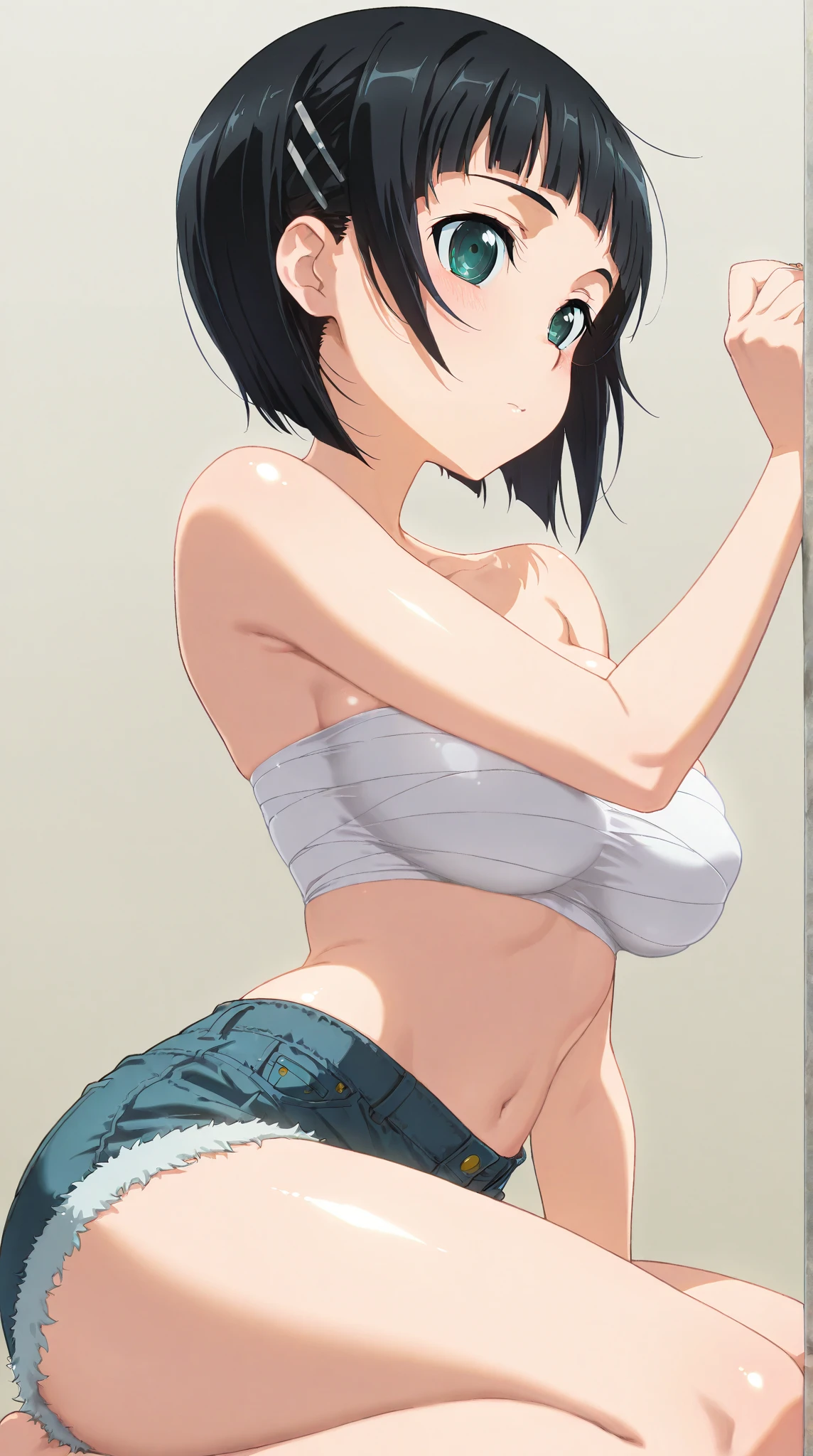 (masterpiece), (best quality), (ultra-detailed), very aesthetic, illustration, perfect composition, intricate details, absurdres, detailed face, (intricate),1girl, (kirigaya suguha, sword art online, green eyes, black hair, medium breasts), (realistic face:0.2), (narrowed eyes), (glowing eyes:1.2), bathtowel, glare, bathroom, perfect face, 4k, extremely detailed anime illustration,, enhanced details,cowboy shot,perfect anatomy,smooth skin, (gray background), cristal clear eyes, beautiful face,(anime style:1.5), (highres),