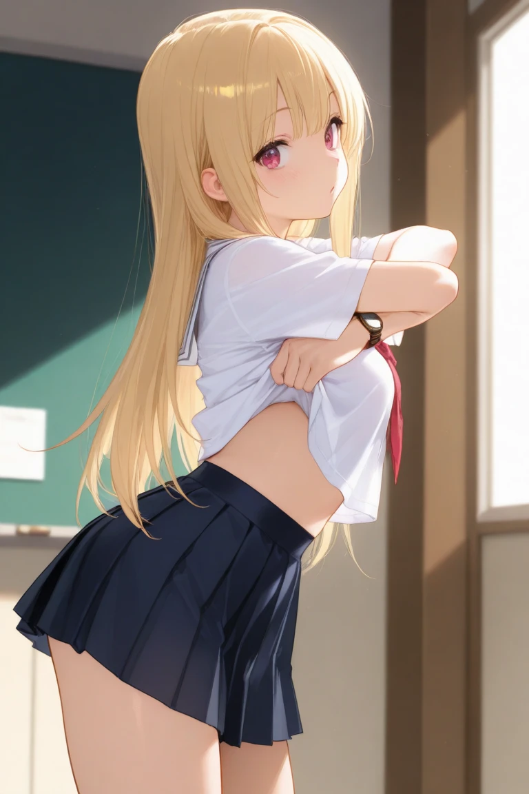 (Tabletop), highest quality, High resolution, 4K, One Girl, alone, blush、Nice hands, 1 in, Side Ponytail, Long Hair, Ahoge, White shirt, , Blue Skirt, Long sleeve, Red Bow, White socks, Skirt lifted、Panty shot、Cute white panties、sofa、(((On all fours、Backwards、look back)))