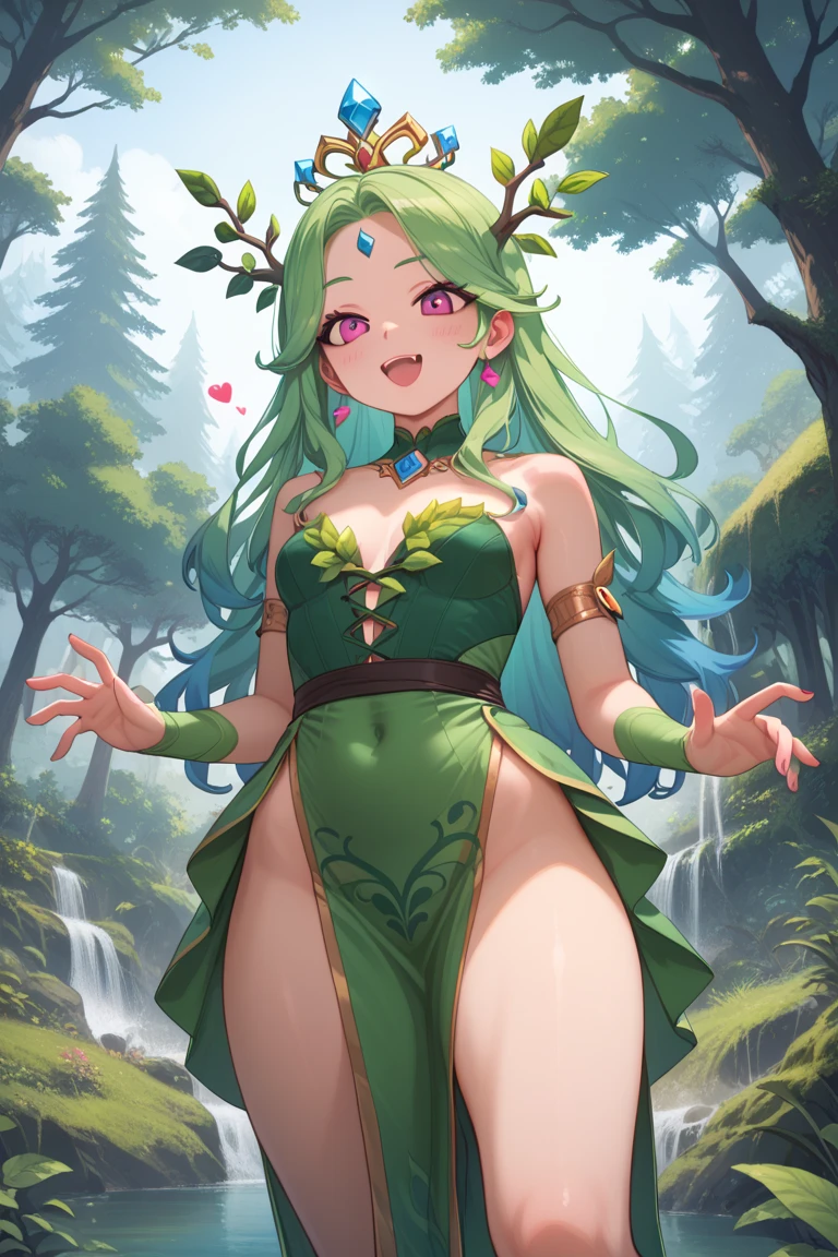 dryad, huge breasts, thick, very long green hair, flowers in hair, vines in hair, leaves in hair, deep cleavage, brown eyes, full lips, smiling, happy, modern outfit