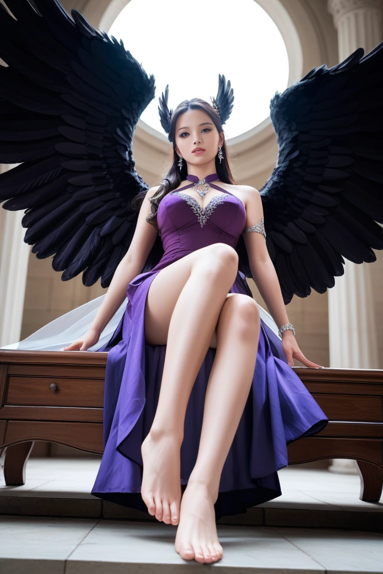 a close up of a woman in a purple dress with wings, (full body xianxia), diablo 4 lilith, aion, beautiful elegant demon queen, female lord of change, full - body majestic angel, a beautiful fantasy empress, diablo 4 queen, beautiful succubus, succubus in tight short dress, ((a pair of detailed realistic huge angel wings)), (hyperrealistic), (illustration), (high resolution), (8K), (extremely detailed), (best illustration), (beautiful detailed eyes), (best quality), (ultra-detailed), (masterpiece), (wallpaper), (photorealistic), (natural light), (detailed face), (high detailed realistic skin texture), (anatomically correct), (solo), (1girl), (high detailed realistic hair), (caramel hair), (heterochromic eyes), (detailed eyes), (beautiful red eyes), (sparkling eyes), (realistic breasts), (slim waist), (slender abs), (dynamic modelling pose), (closed tiny mouth), (concentrated expression), (dimple), forest,