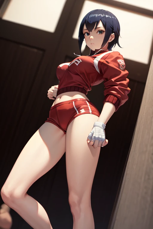 Aska, 1 girl, Kunoichi, Sexy Shinobi, She has long light brown hair, a white hachimaki, wrapped around her head, wearing a red leotard, white short-sleeved martial arts vest, Her leotard is smaller, exposing her buttocks , big breasts, Yellow ribbon on her waist, Red tennis shoes with bandages on the foot and knee, Red gloves, bandages on the arm, white short-sleeved martial arts vest, Shinobi suit, ninja suit, metal knee pads on the knees, Good figure, Her leotard is smaller in the Japanese version, exposing her buttocks much more in the movements where they are visible. Her victory pose also makes her breasts