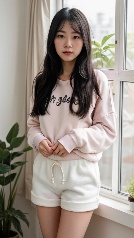 A  with brown hair looking at the computer in pink and white clothes in the room with the air on