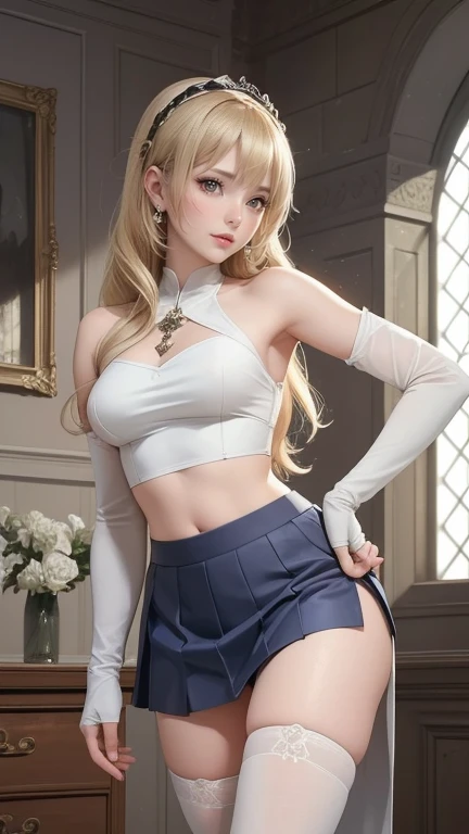 1girl, beautiful young woman, seductive wink, mischievous smile, sitting with legs apart, revealing panties, mini skirt, long thick thighs, large buttocks, , golden hair, twin tail, dsann, looking down, (best quality,4k,8k,highres,masterpiece:1.2),ultra-detailed,(realistic,photorealistic,photo-realistic:1.37),dramatic lighting,vivid colors,cinematic