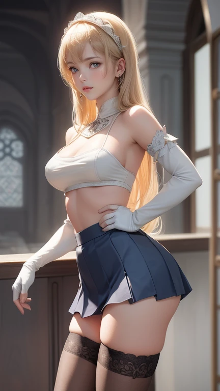 photorealistic、master piece、1 girl、23 years old、beautiful face、embarrassing、(female knight、white pleated skirt、skirt that rolls up、The upper body is armored)、(blonde ponytail)、big breasts、beautiful thighs、beautiful butt、panty shot